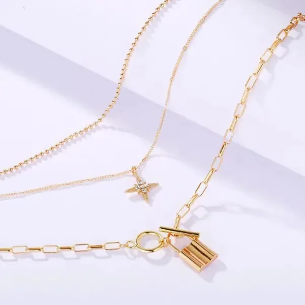 European and American necklace women new alloy clavicle chain creative personality multi-layer eight-pointed star lock pendant mul2947