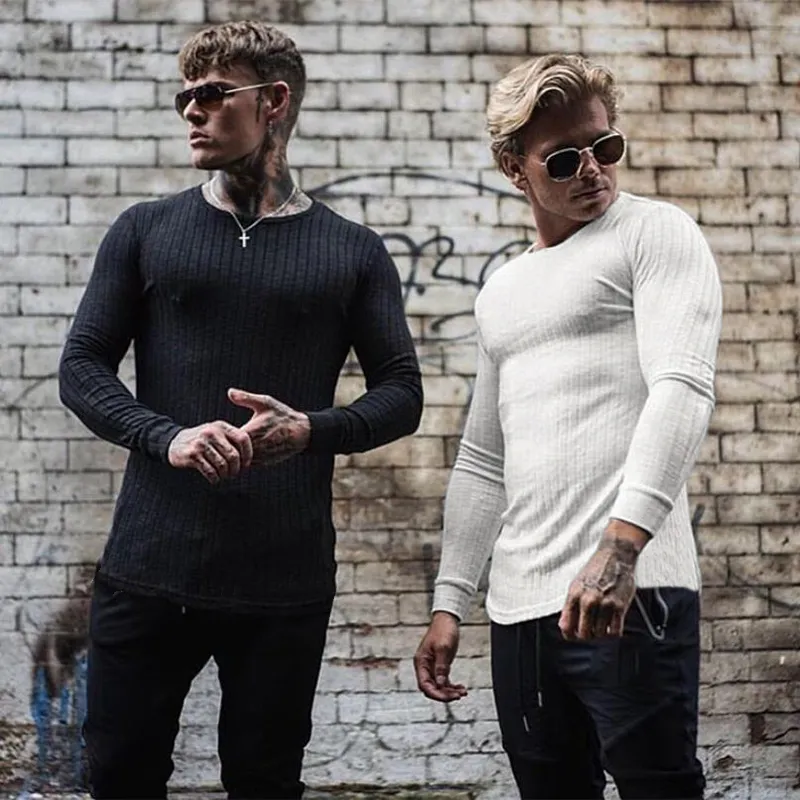 Muscleguys Autumn Fashion Men Thin Thined Sleeve Pullovers Man Oneck Slid Slim Fit Tops Tops Tops Pull Homme 220805