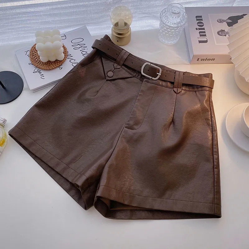 Ashgaily, pantalones cortos de Pu de cintura alta, ropa de calle para mujer con cinturón, pantalones de pierna ancha que combinan con todo para mujer 220602