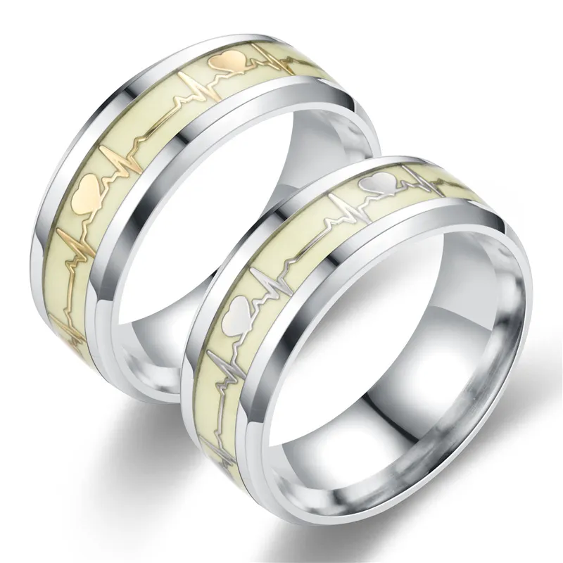 Mode roestvrijstalen lichelachtige vingerring voor vrouwelijke mannen gloeien in donker hart paar trouwringen sieraden cadeau accessoires 220719