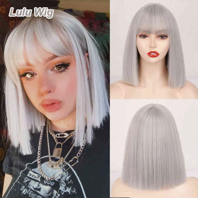 Breve sintetico grigio argento Bob con frangia parrucche diritte le donne Cosplay festa quotidiana parrucca rossa Blackpink 220622