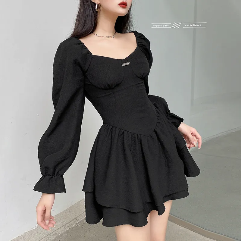 Iamsure Autumn Spring A Line Dress Sexig Slim Solid Collage Puff Sleeve Mini Dresses For Women Eleggant Fashion Ladies 220613