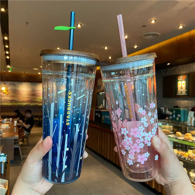 Starbucks Puchar Koreański Lato Firefly Cherry Blossom Bear Double Szkło Słomy Kubek Drewniana Pokrywa Do Picia Picia