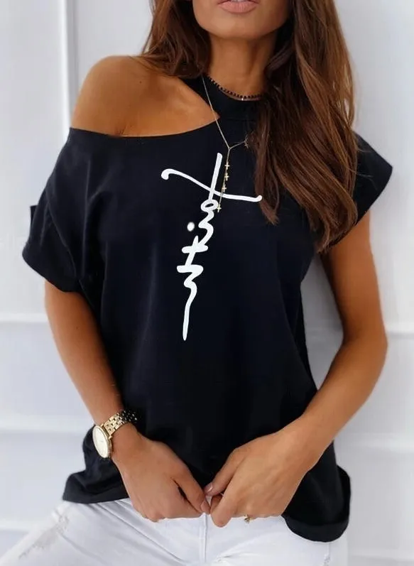 Gedrukte t-shirt dames plus size dames one-shoulder letter tops zomer losse en schattige t-shirt mode top vrouwen strapless sexy 220525