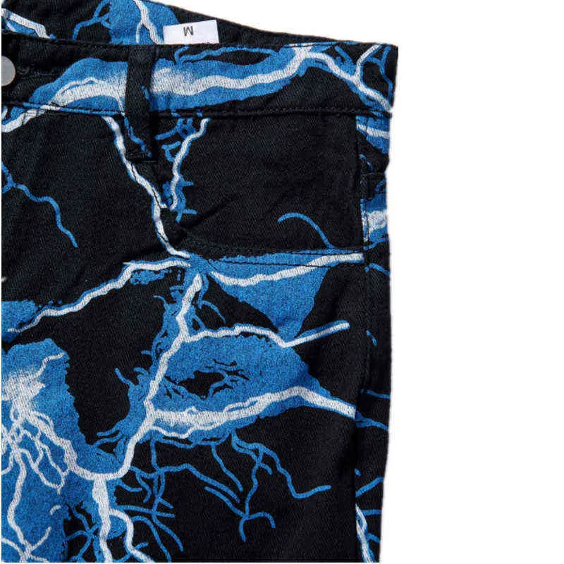 2021 Vibe Style Lightning Print Dye Mężczyzny proste dżinsy Y2K Spodnie Hip Hop Vintage HARAJUKU Kobiety dżinsowe spodnie ropa hombre h22249w