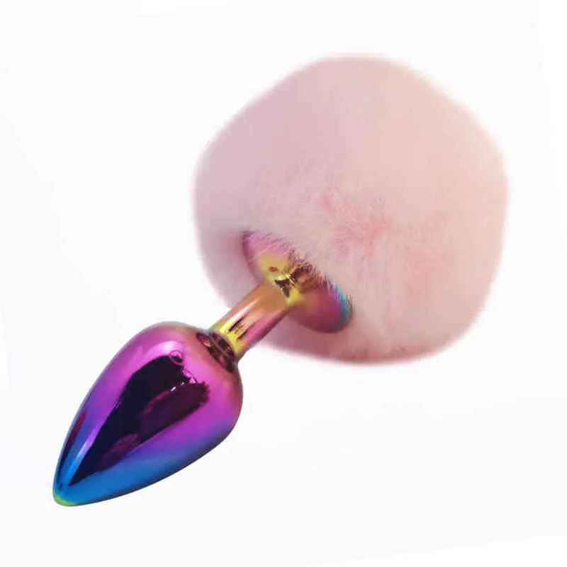 Rainbow metal small size Cute Pink red white colorful rabbit tail ball anal bead butt plug fox unisex toy for men and women Y220427