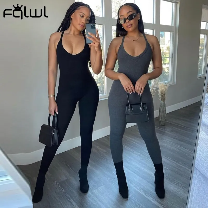 FQLWL Summer Streetwear Outfit Jumpsuits Women Romper Backless Ribbed ärmlös svartgrå Bodycon Jumpsuit Kvinna 220620