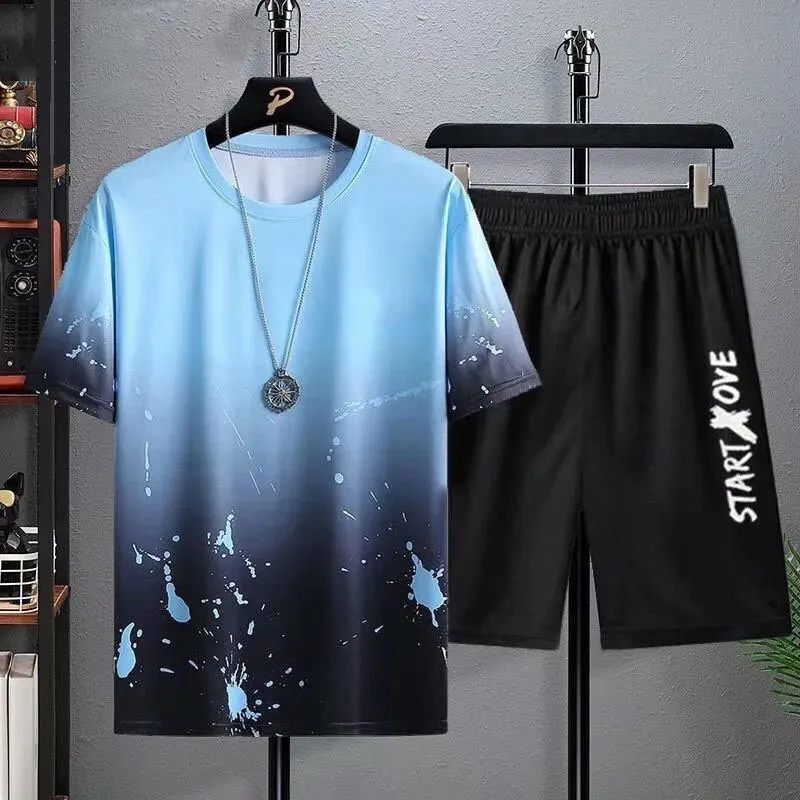 Sommar 3D Tryckt Mens Sports Suit Gradient Färg Bekväm andningsbar Wear Loose ShortSleeved Shorts Twopiece Set 220602