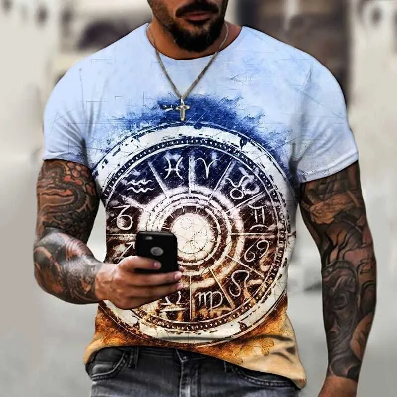 2022 Męskie Koszulki Proste Duży Kompas Drukarnie 3D Męskie Krótki Rękaw Koszulka Okrągły Neck Koszulka Loose Casual Oddychająca Top Różne style i kolory