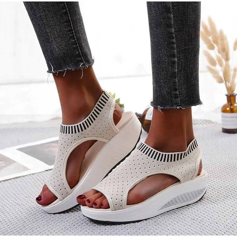 Frauen Sandalen Keile Schuhe Sommer Plattform Frauen Schuhe Weibliche Slip auf Peep Toe Gestrickte Damen Turnschuhe Casual 220602