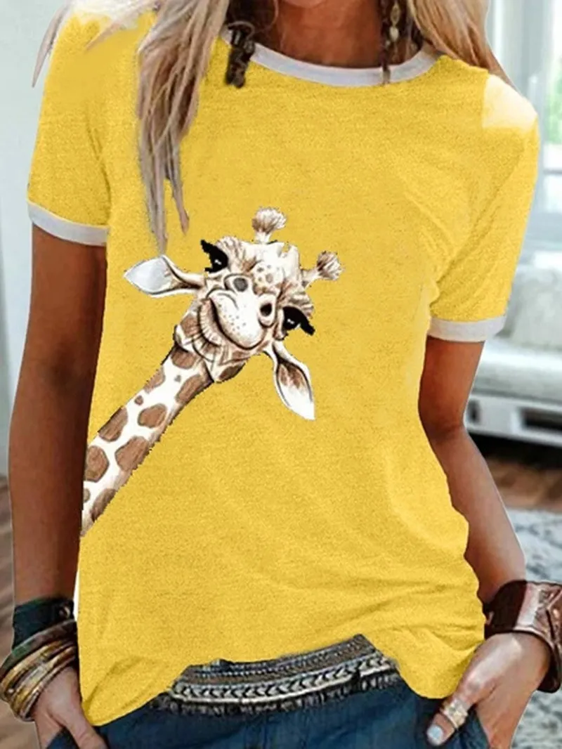Graficzne koszulki Top Kobiet Garaffe Print Cute Cotton Thirt O SCEK Modna Moda Letnie krótkie rękawy swobodny blat