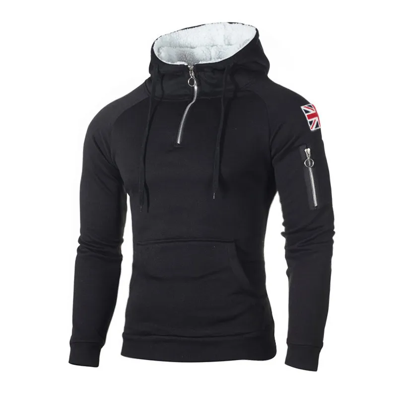 Outono com zíper decote moletom com capuz de lã manga comprida homens hoodies adesivo bolso inverno aquecedor esportivo 3xl 220325