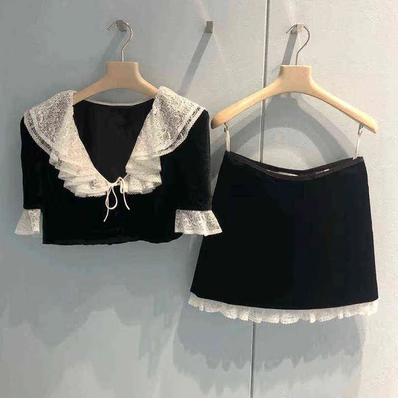 Ensemble deux pièces en dentelle noire, haut patchwork, jupe polyvalente, nouveau costume de célébrité en velours, automne