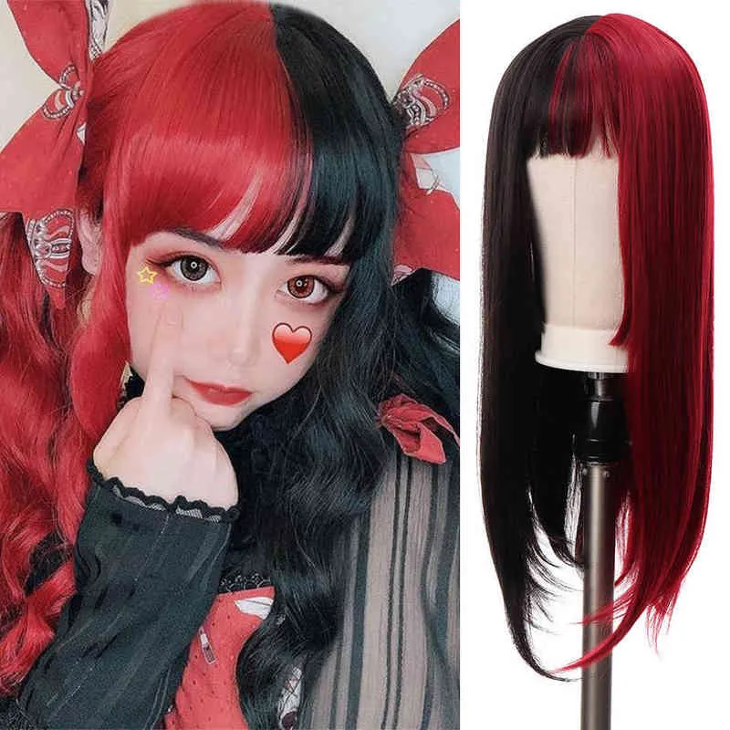 QZY – perruque synthétique longue et lisse pour Halloween, perruque Lolita de Cosplay Genshin Impact, cheveux noirs et roses pour femmes, fausses perruques colorées 220505