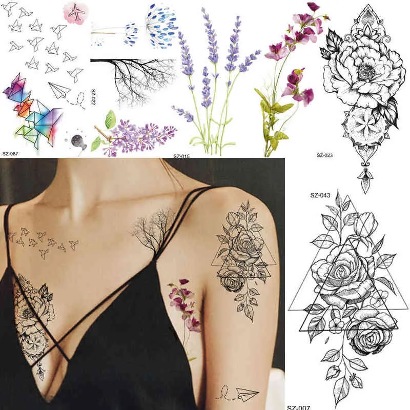 NXY Tymczasowy Tatuaż Akwarela Płaszcz Naklejki Samolotne Kobiety Body Art Arm Reed Branch Fałszywe Tatuaże Geometria Kwiat Lawenda Dziewczyna 0330