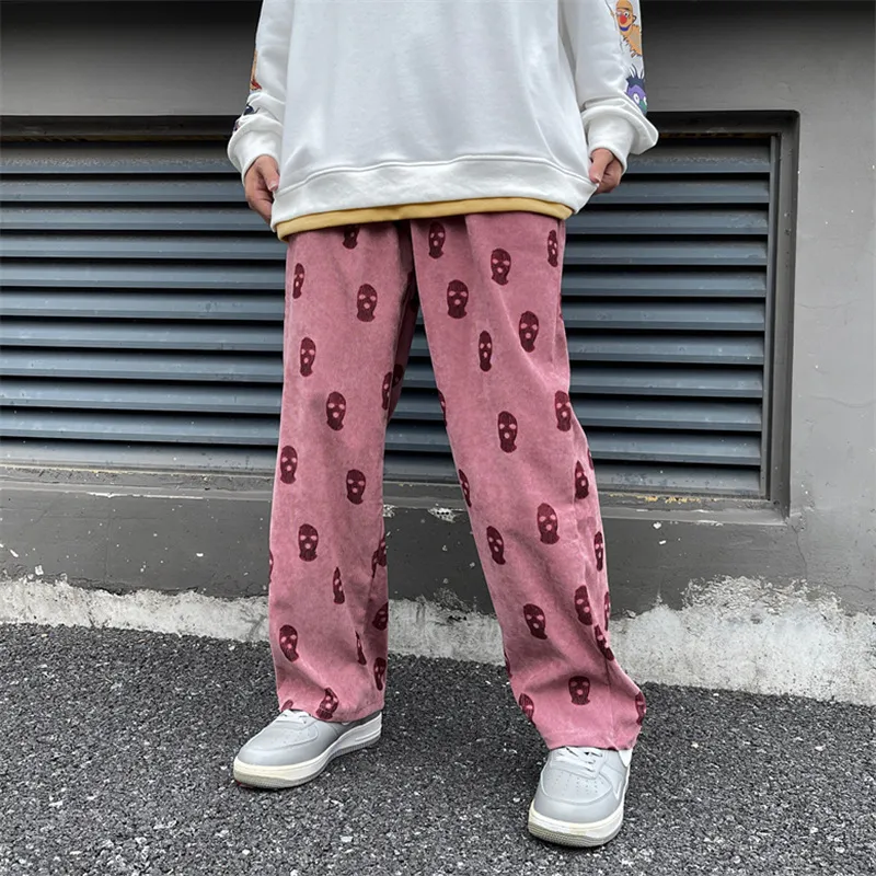 Preppy Style Skull Full Print Drawstring Casual Corduroy Men Baggy Pants Hip Hop Straight Sweatpants Man Loose Trousers 220620