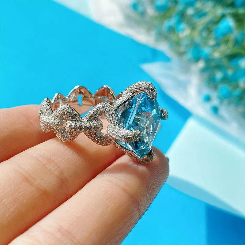 Vintage Square Lab Aquamarine Pierścień Obietnica 925 Srebrna impreza zaręczynowa Pierścienie weselne dla kobiet Bridal Fine Jewelry for Lover Prezent