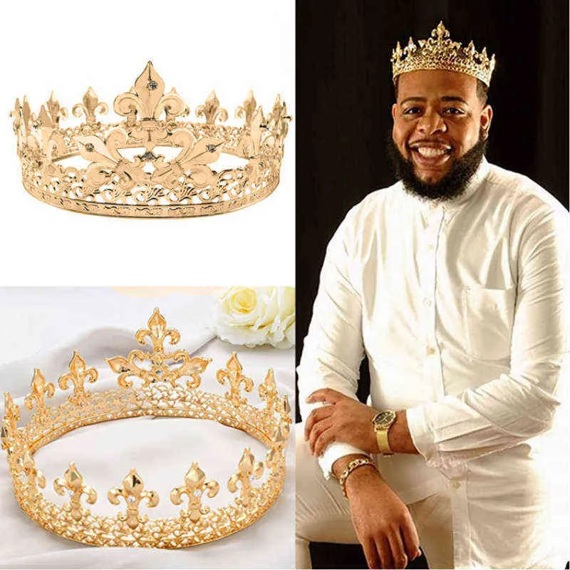 Couronne de roi royal baroque vintage pour hommes, gros diadèmes et couronnes en or, Costume de fête de bal, accessoires pour cheveux pour hommes H2208259170