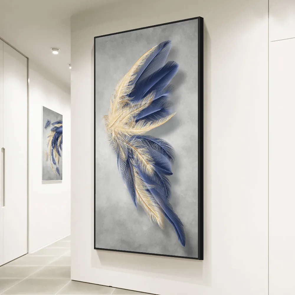 カスタマイズされた青い抽象的羽のキャンバス絵画北欧のポスターとプリントリビングルームの豪華なクアドロの壁アート画像