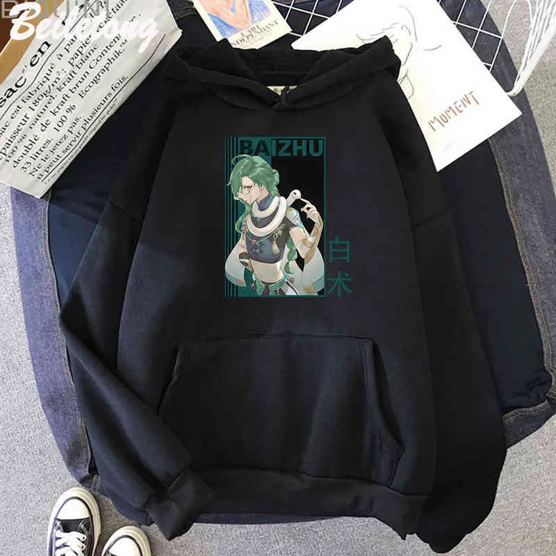 Genshin Impact Anime Felpa con cappuccio Streetwear Baizhu Graffiti Style Felpa Vintage Tuta allentata Unisex Uomo Sudaderas Para Mujer Y220713