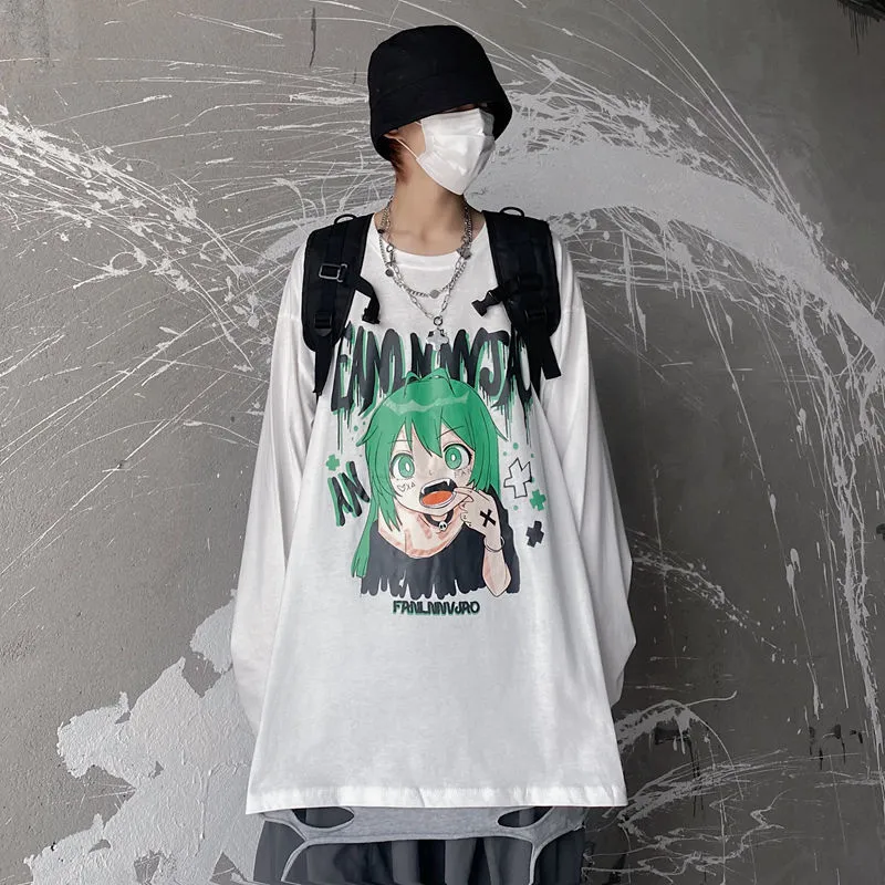 Harajuku surdimensionné hommes à manches longues automne T-shirt gothique noir rétro Ulzzang confortable mode streetwear lâche grande taille hip hop hauts 220708