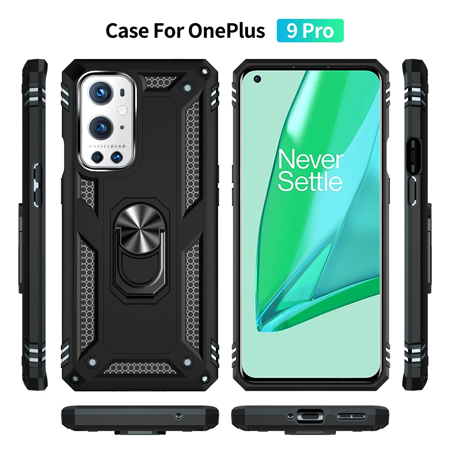 OnePlus 9 Pro Anti-Fall Armor Back Coverの車の磁気ホルダー電話ケース9メタルフィンガーリングスタンド