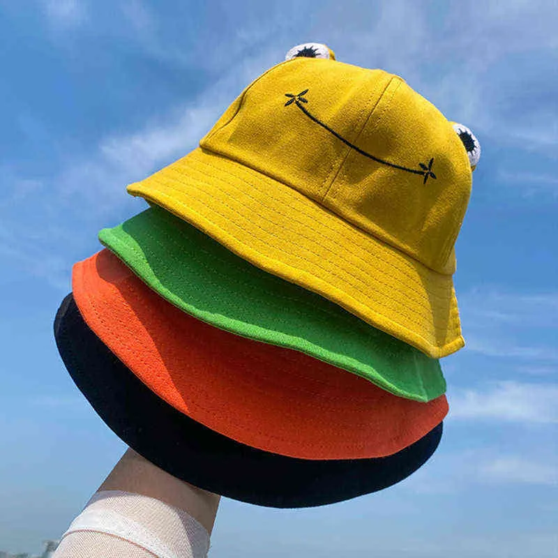 2021 Fashion Fisherman Hat Frog Bucket Hat för Kvinnor Sommar Höst Vanliga Kvinnor Panama Utomhus Vandring Solskyddsmedel Kvinna Sunhat G220418