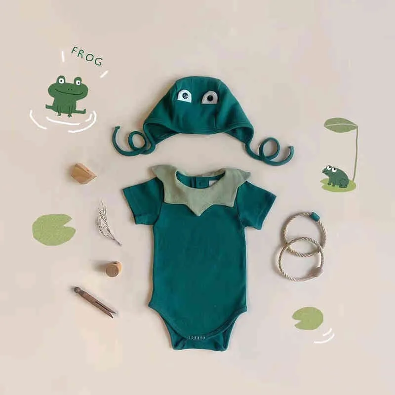 Baby pojke kläder sommar kort ärm romper set söt tecknad grön groda unisex pojkar flickor jumpsuit med hatt tvådelar kostym g220521