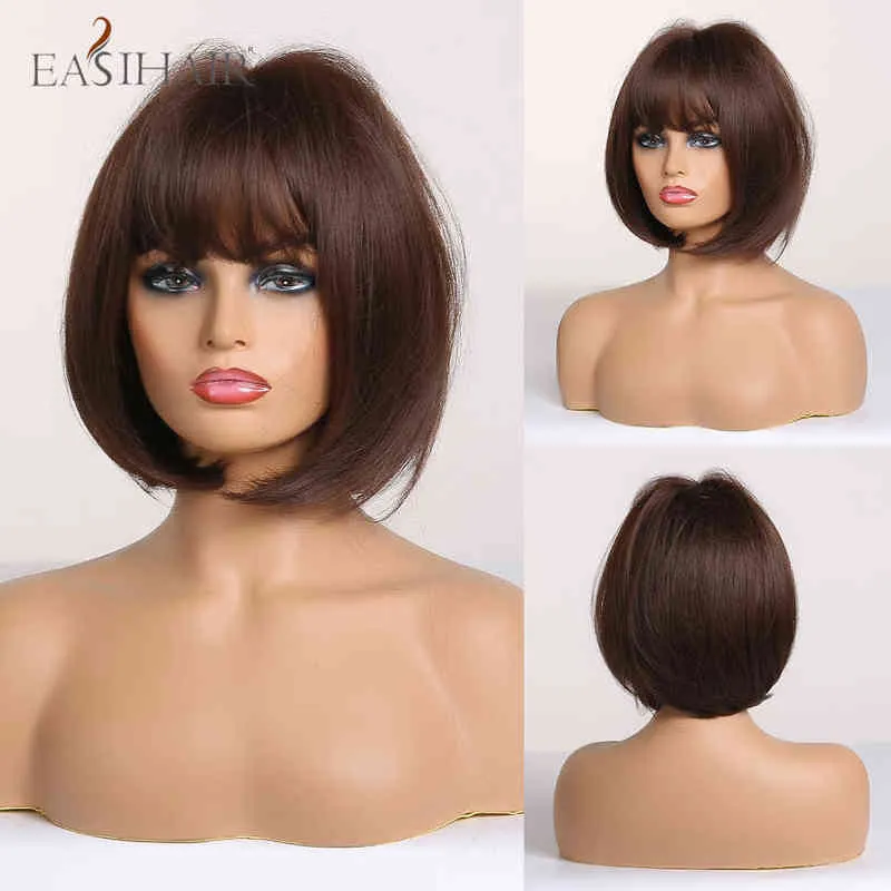 Easihair Dark Brown Short Bobo Frisyr Bang Wigs With Blonde Highlight Cosplay Heat Resistant Syntetic for Women 220525