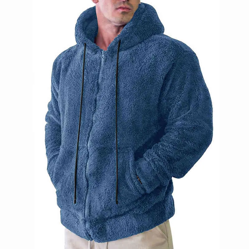 Autumn Winter Men Tops Solid Casual Drawstring Hooded Long Sleeve Pullover Zip Hoodie Lamb Plush Thick Pocket Sweatshirt G3 L220704
