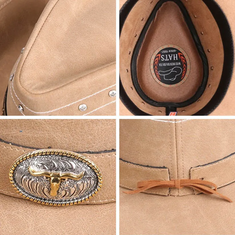 Высококачественная классическая кожаная ковбойская шляпа Cappello с кристаллами в стиле ретро для мужчин и женщин, солнцезащитная шляпа Homme Chapeau, винтажная кепка в стиле вестерн 220813gx4994351