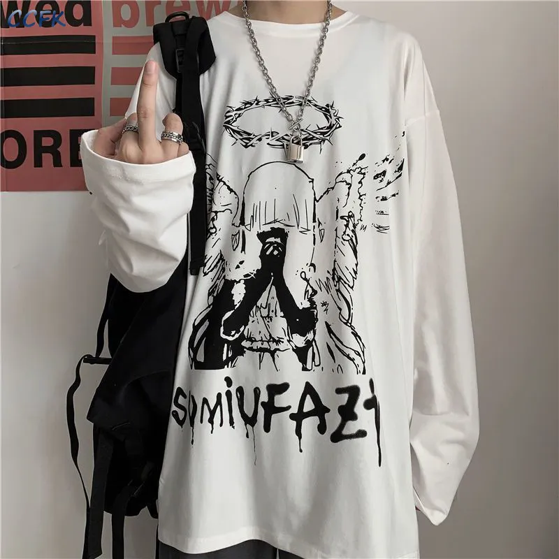 ハラジュクエモ服ロングスリーブゴシックTシャツ女性パンクトップメンズ漫画グランジヒップホップストリートウェアalt美学220714