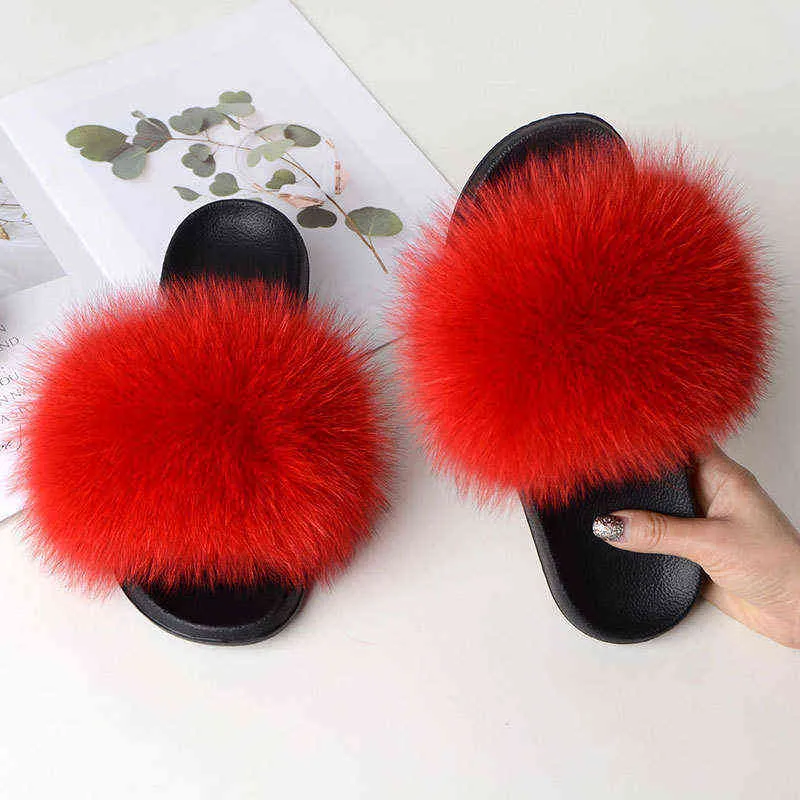 COOLSA Nouvelles Femmes Casual Furry Fourrure Tongs Véritable Fourrure De Renard Sandales Lady Fluffy Diapositives Femmes En Peluche Plat Pantoufles Voyage Chaussures G220730