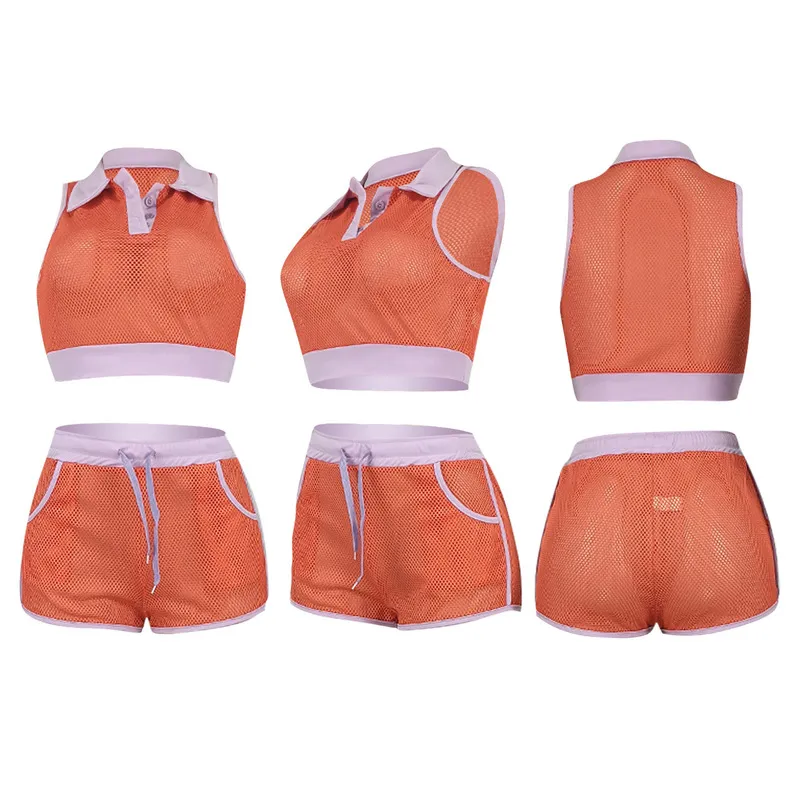 año Neon Fishnet Mesh Sexy Conjuntos de dos piezas Trajes de mujer Summer Sports Crop Top y Shorts Drop Wholesale 220527