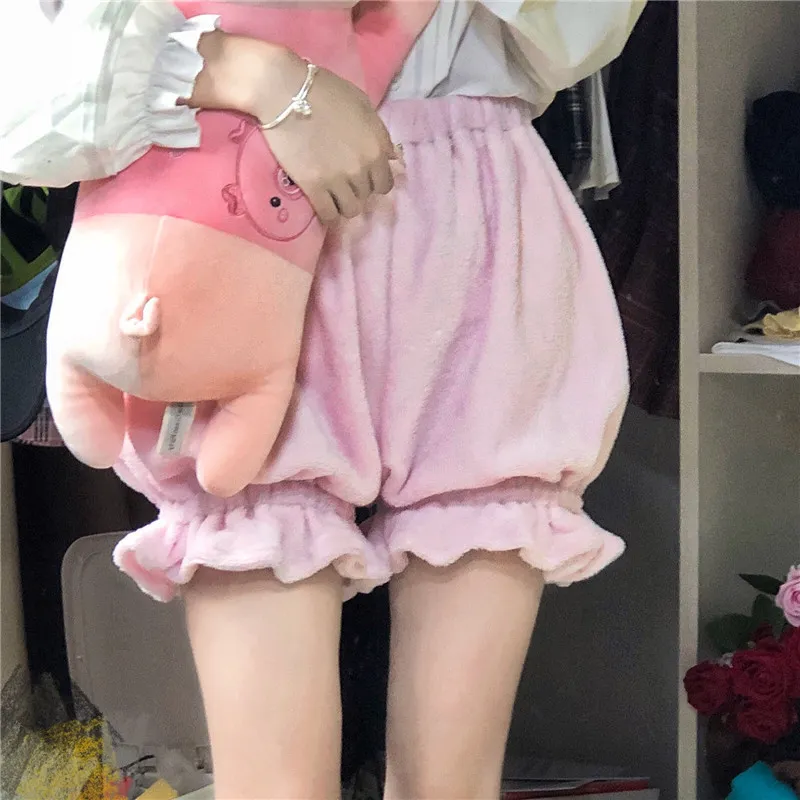 Inverno Bonito Lolita Meninas Quentes De Veludo Quente Doce Cintura Alta Cintura Mulheres Cama de Pelúcia Verão Kawaii Bloomers Shorts Rosa Branco 220419