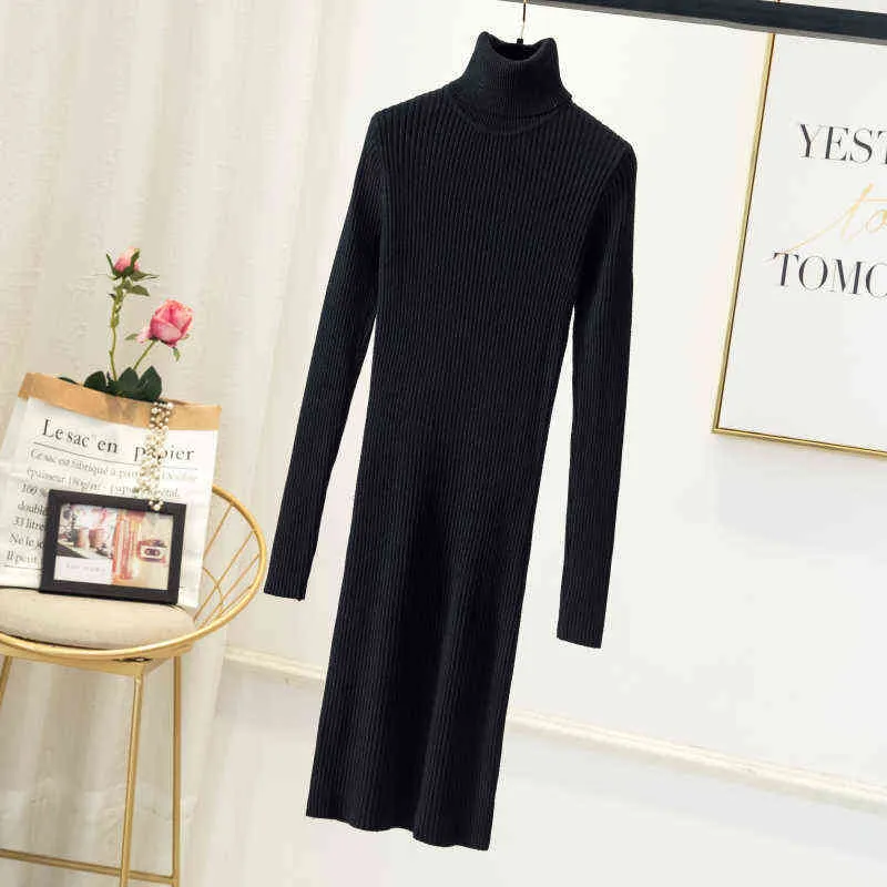 Women Office Lady Slim Pit Knitted Sweater Dress Long Sleeve Turtleneck Solid High Street Casual Dress 2021 Winter Fashion Dress G1214