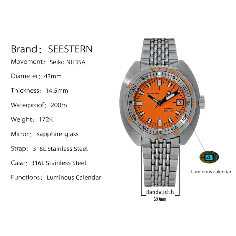 Top Brand Diver Watch Men SUB300T Automático Mecánico Zafiro Cristal Luminoso Fecha 200m Gire Pulsera Seestern Reloj de pulsera Retro 220623