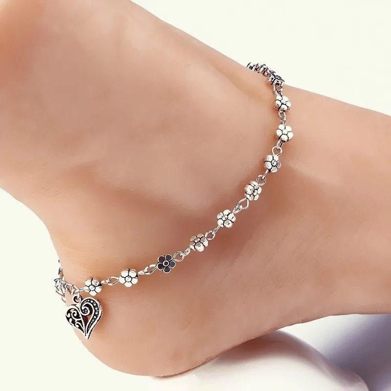 mode coeur prune fleur chaîne plage cheville Bracelet breloque été femmes rétro perle pied cheville bijoux