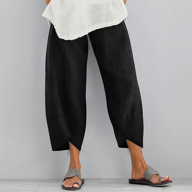 Vintage Harem Pants Women Casual Loose Printed Elastic Waist Cotton Linen Wide Leg Summer Irregular Pantalon Cropped 220616