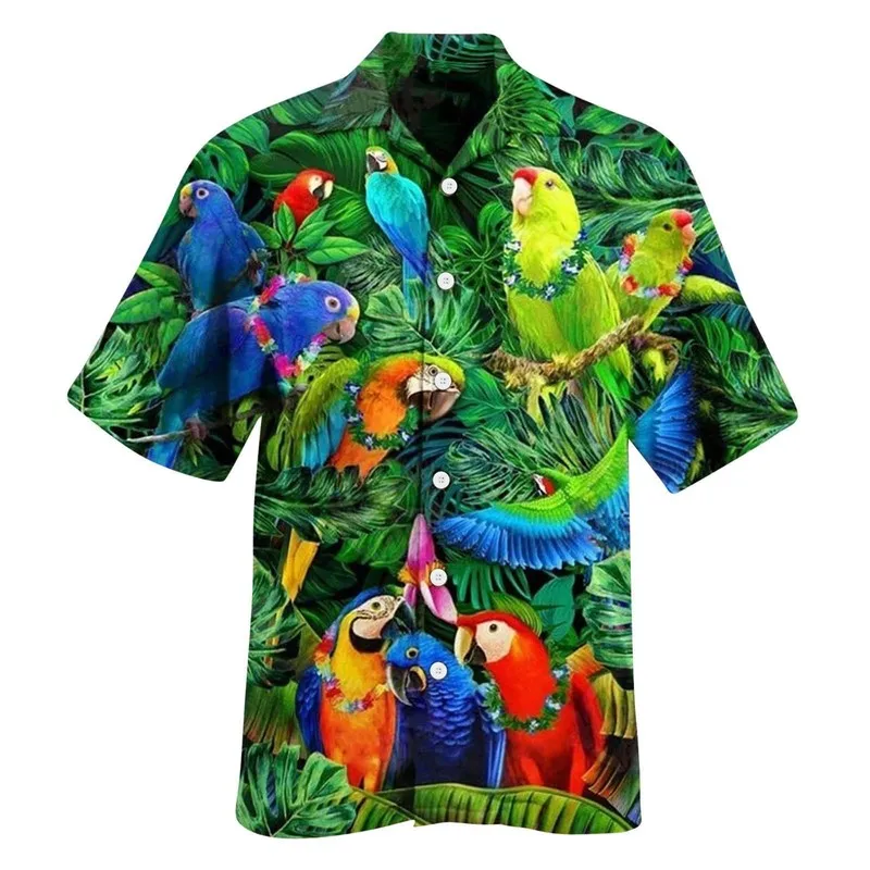 Animal Parrot Print Patchwork Fashion Men Hawaiian Camise