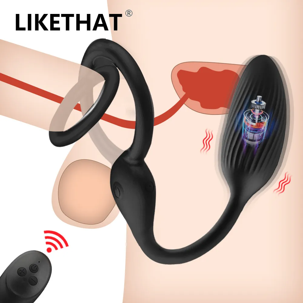 Trådlös kontroll dildo vibrator för män kuk ring rem på penis anal plugg spot prostata massage vuxna sexiga leksaker par