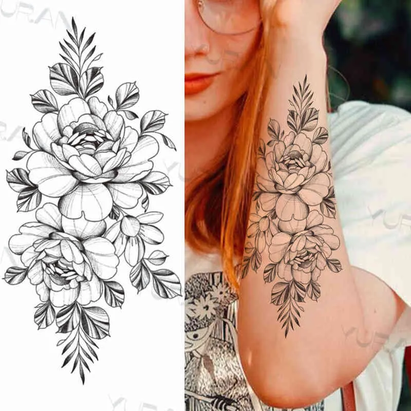 NXY Temporary Tattoo Black Large Snake Flower Fake Sticker for Women Dot Rose Peony s Diy Water Transfer Tatoos Girls 0330