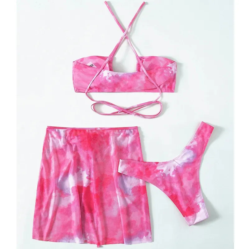InX Bandeau bikini Pink print swimwear women Skirts set Halter string women swimsuit Sexy bathing suit summer 220611