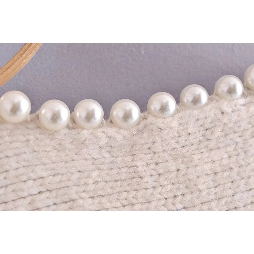 New Women Fashion Knit Round Neck Sweater with Faux Pearl Bead Long Sleeves Chic Lady Woman Casual Warm Pullover Top Winter