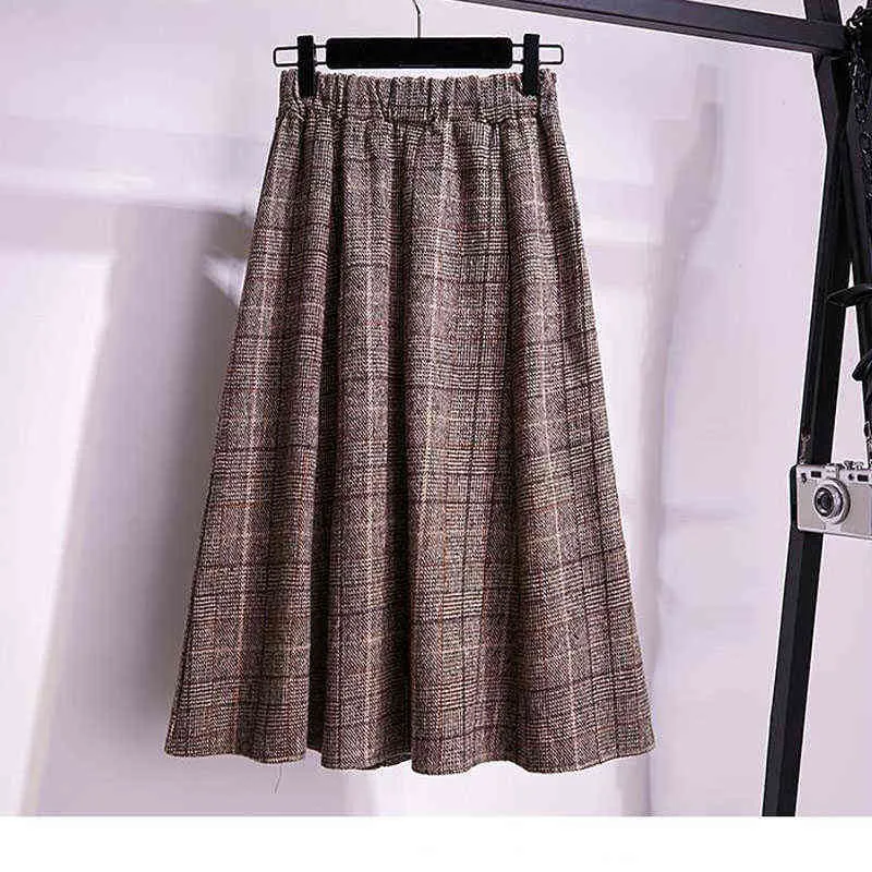 2022 Nieuwe herfst- en winter retro plaid verdikte rok dames groot formaat midden-lengte Koreaanse versie hoge taille a-line rok L220725