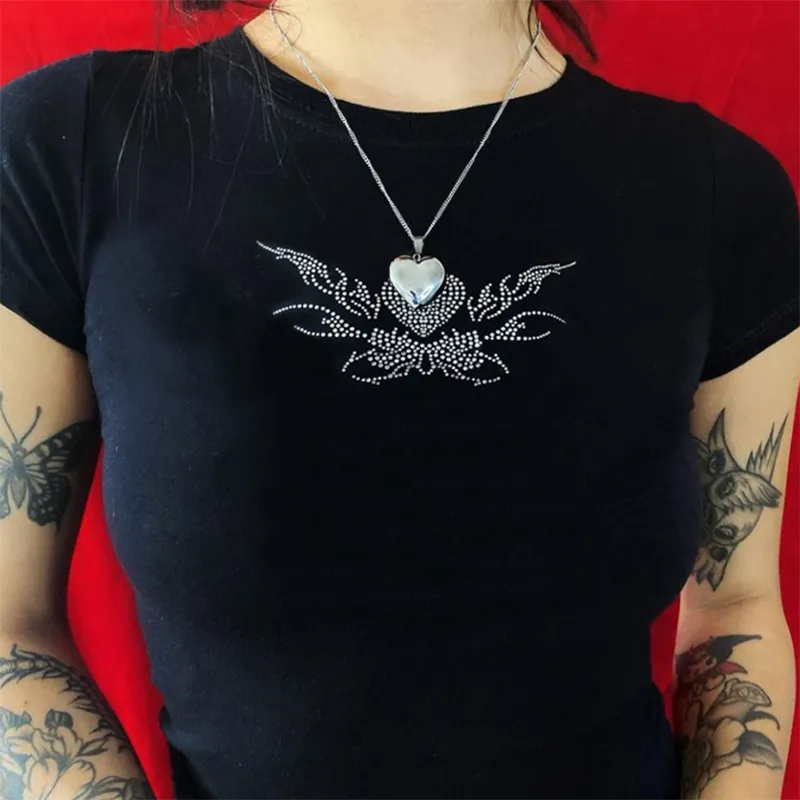 Rhinestones butterfly printing 90s T Shirts Gothic Clothing Grunge Y2k Clothes Sexy Black Short Sleeve O neck Crop Top T shirt Women 220602