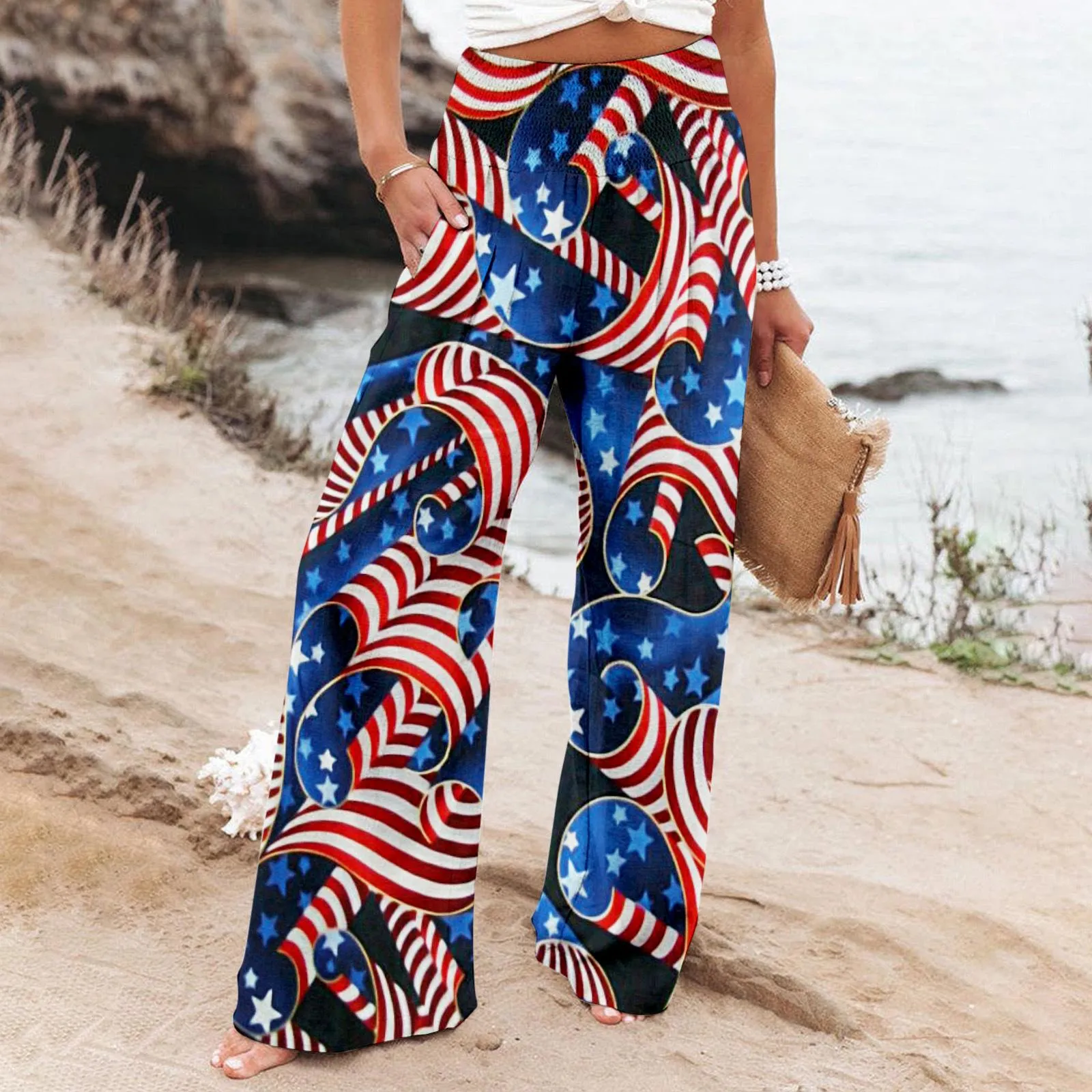 Elastic Fitness Yoga Pants Wide Leg Pants Trousers Independence Day Tie-dye Printed Slacks Spring Long Casual Baggy