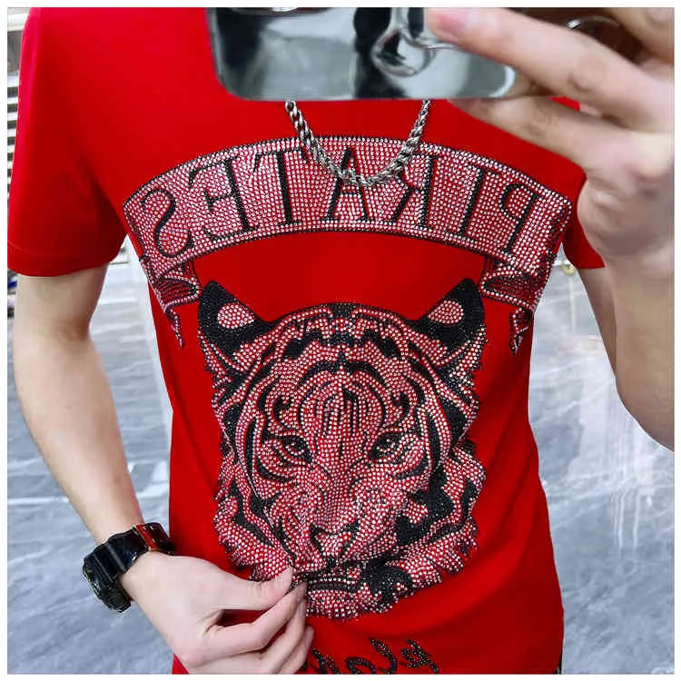 Men's T-Shirts designer 2022 summer brand t slim fit benmingnian men's wear red tiger head printing hot drill short sleeve T-shirt DPPN