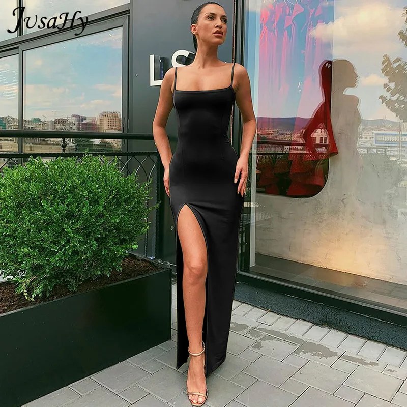 Jusahy Elegant Vestidos Outfits Women Spaghetti -riem sexy gesplitste Solid Slim Lady Ankle Fashion Classic Lengte Maxi Dresses 220613