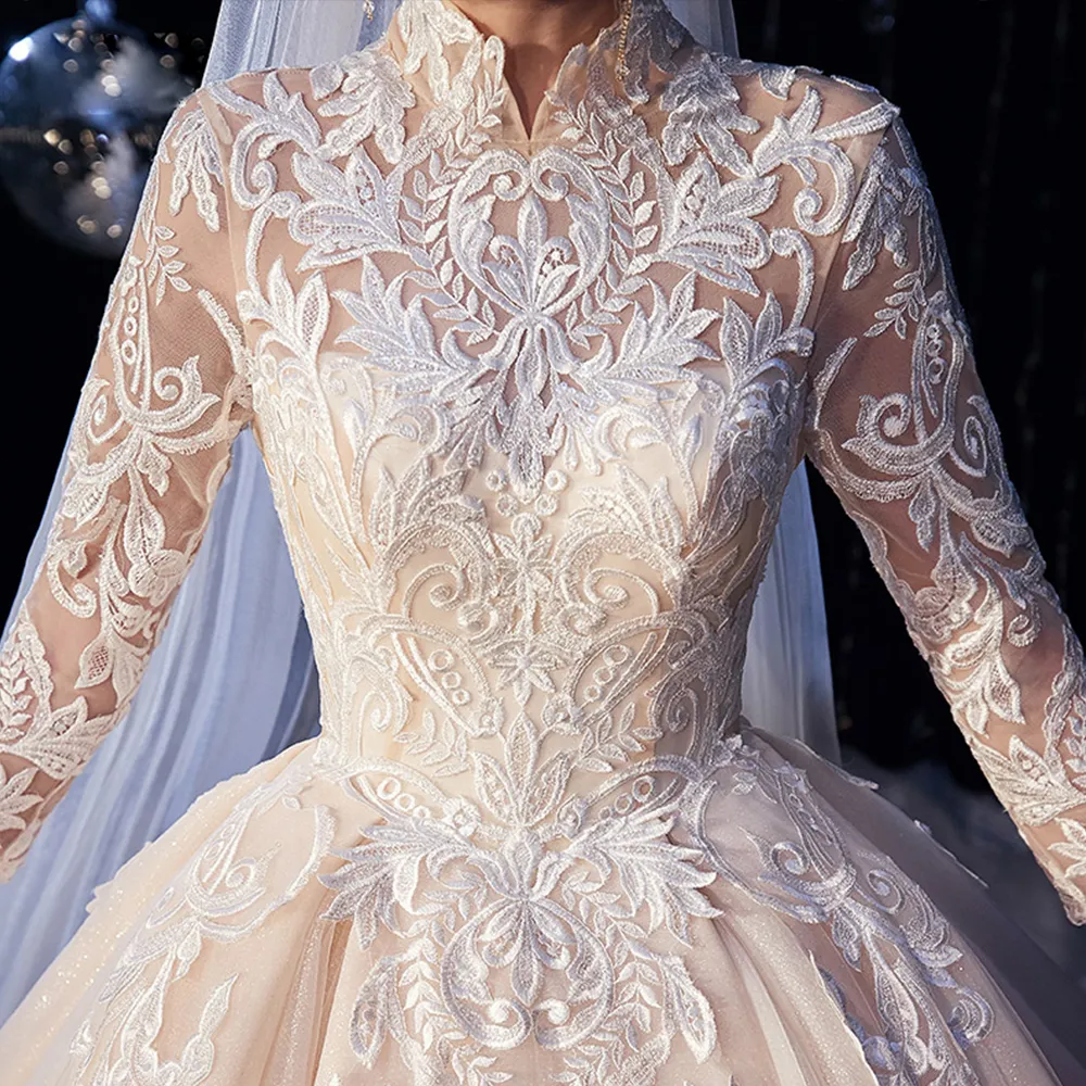 New Arrivals High Neck Three Quarter Sleeve All Over Appliques Lace Super Gorgeous Shiny Ball Gown Wedding Dresses